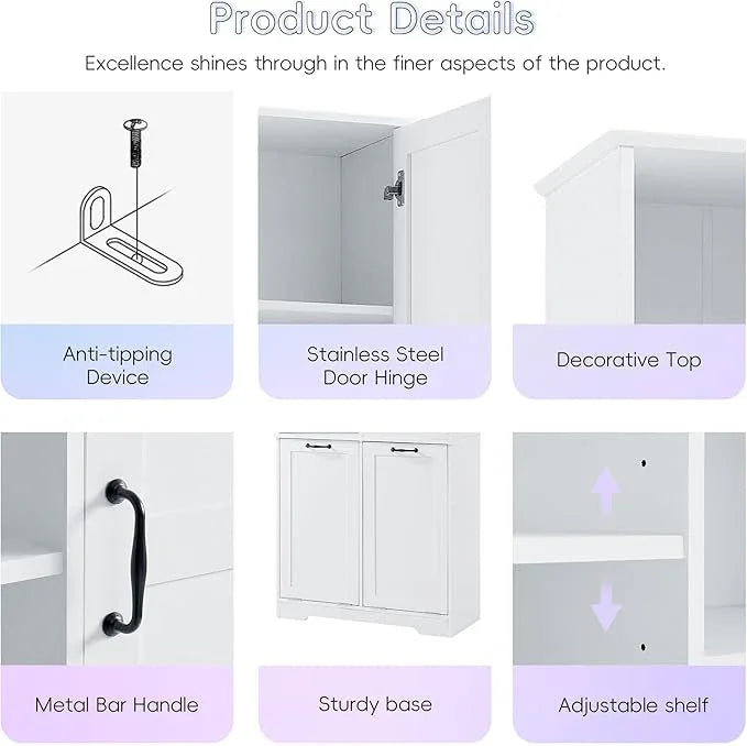 Bathroom Storage Cabinet with Doors and Drawers, Tilt-Out Laundry Hamper, Multiple Storage Space, Freestanding Style, Open Shelve, Adjustable Shelf (White) - ModernBath