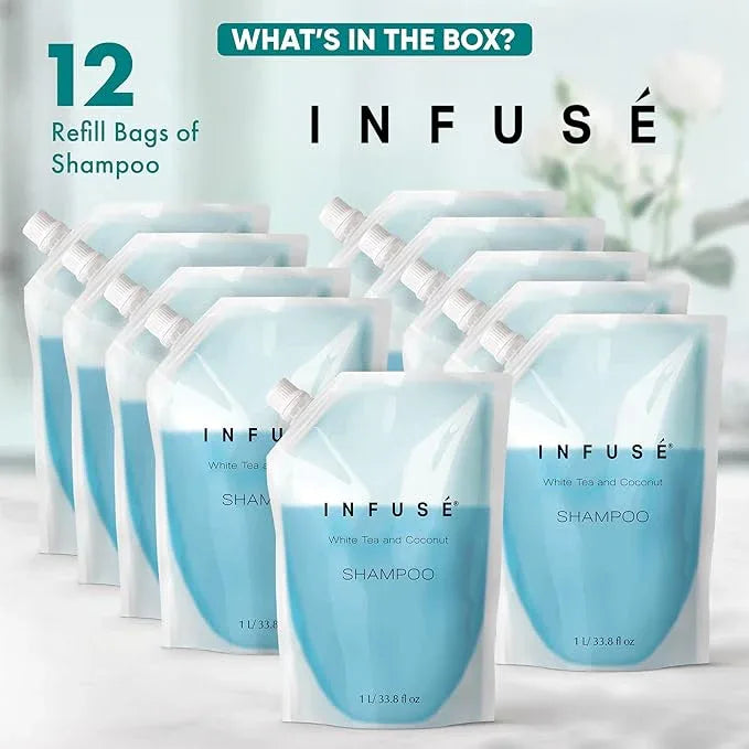 INFUSÉ 1 Liter Shampoo Refill Bag For Soap Dispensers | Bulk Toiletries for Vacation Rentals, and Home Bathroom Showers | White Tea and Coconut | Set of 12 - ModernBath