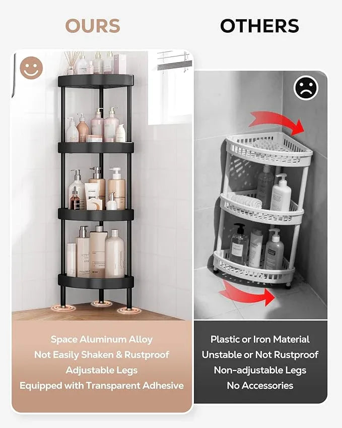 Nieifi Corner Shower Caddy Stand-4 Tier Rustproof Anodized Aluminum Standing Shower Organizer-Shower Caddy Corner-Dual Stability to Anti-Shaking-Height-Adjustable Legs for Uneven Surfaces-Black - ModernBath