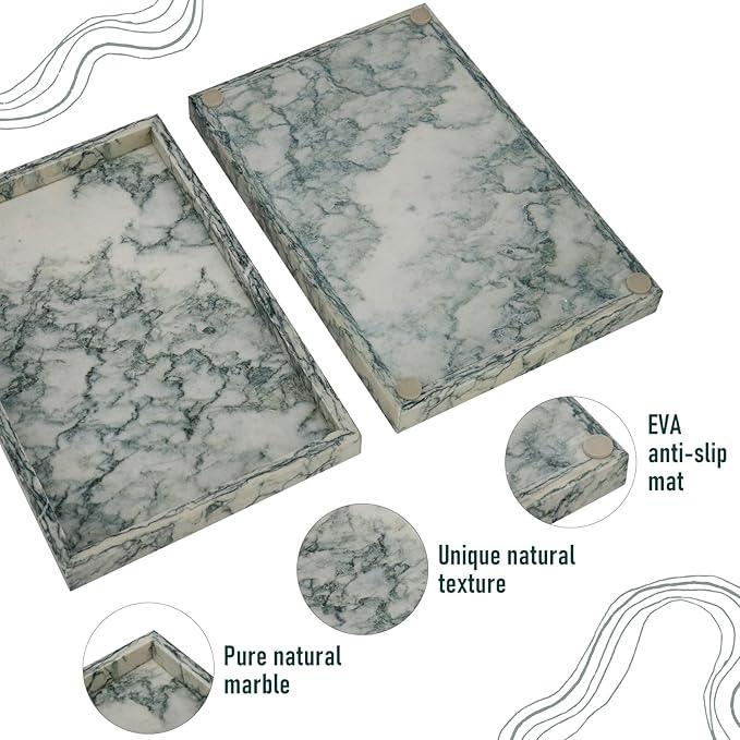 MULWR Marble Bathroom Tray,Pure Natural Vanity Tray,Marble Tray for Kitchen Counter Non-Ceramic/Non-Resin,Stone Trays 12 x 8 inch Cyan Green - ModernBath