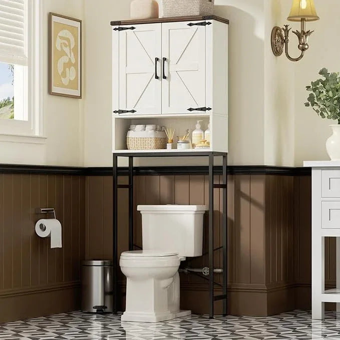 Over The Toilet Storage Cabinet with Farmhouse Doors and Adjustable Shelf, Tall Bathroom Organizer with Metal Stand Space Saver Over Toilet , Wood Rack for Bathroom, Restroom, Laundry, White - ModernBath