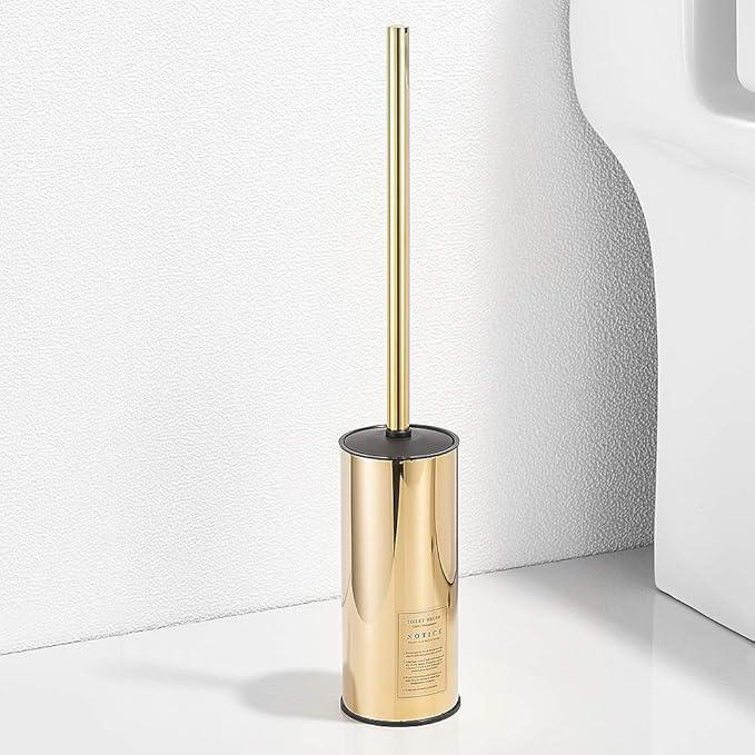 LANGPAI Freestanding Toilet Brush Holder for bathrooms 304 Stainless Steel Toilet Brush Stand Round Storage and Organization Rust Resistant 18-inch high Polished Gold Finished - ModernBath