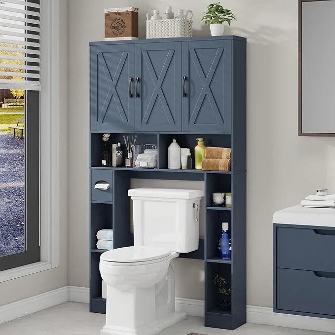 Over The Toilet Storage Cabinet, Farmhouse Toilet Cabinet Rack with 3 Barn Doors, Space Saving Bathroom Organizer with Shelves, Toilet Paper Holder and Towel Rack for Bathroom,Restroom,Laundry,Blue - ModernBath