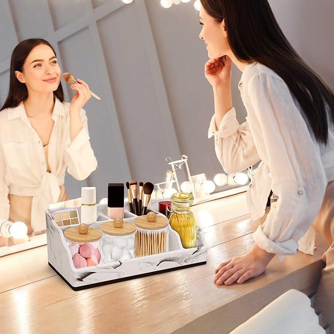 Marble Toothbrush Holder for Bathroom Organizer Countertop, Toothbrush Organizer with 3PCS Qtip Holder Dispenser, Toothbrush and Toothpaste Holder for Bathroom Counter Organization Storage Vanity - ModernBath