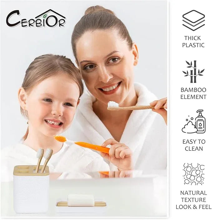 CERBIOR Bathroom Accessories Set 6 Piece Bamboo Bath Ensemble Includes Soap Dispenser, Toothbrush Holder, Toothbrush Cup, Soap Dish for Decorative Countertop and Housewarming Gift (White) - ModernBath