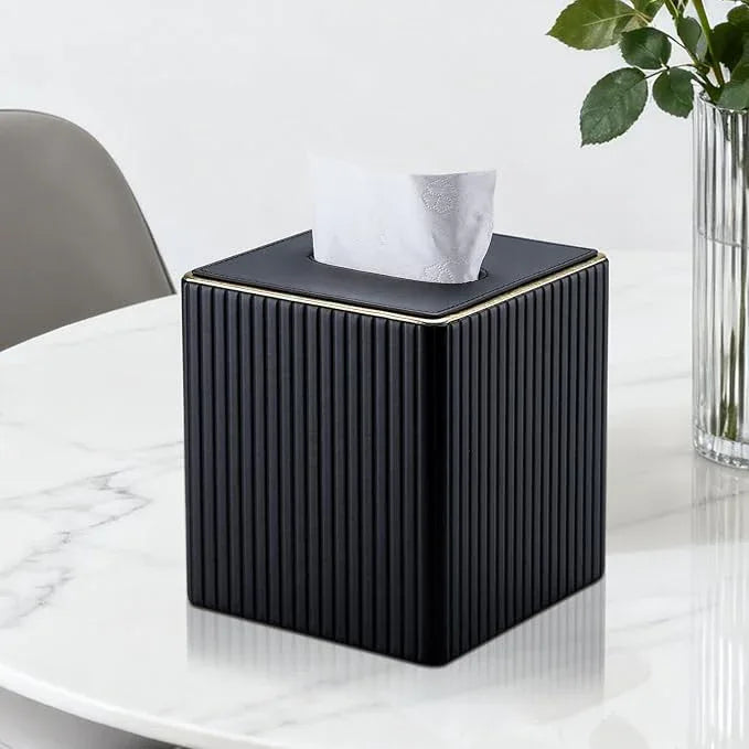 KINGFOM Tissue Box Cover, PU Leather Square Tissue Box Holder for Kleenexs with Magnetic Bottom Cover for Facial Tissues/Napkins, Office & Living Room Decor Box Black - ModernBath