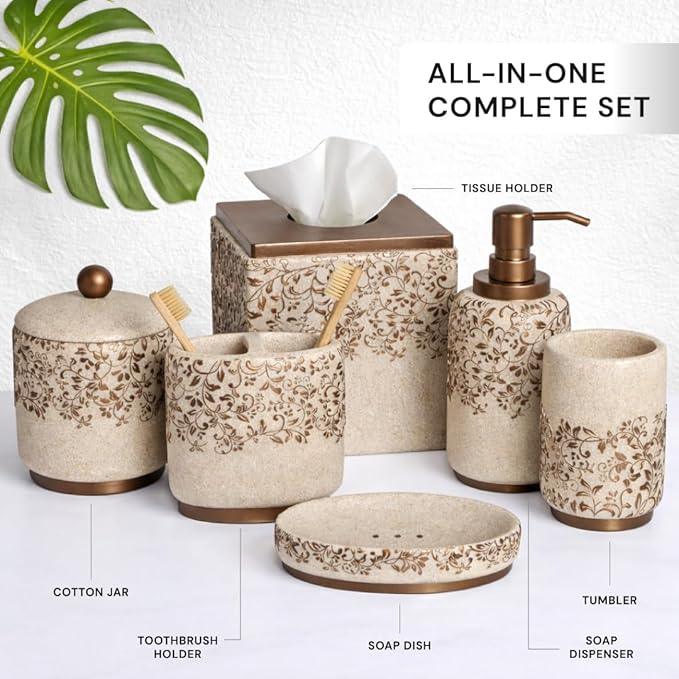 Decozen Bathroom Accessories Set 6Pcs – Soap Dispenser, Toothbrush Holder, Tumbler, Soap Dish & Cotton Swab Jar – Modern Bathroom Decor, Bath Set for Christmas Decor - ModernBath