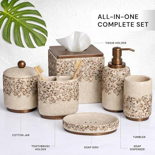 Decozen Bathroom Accessories Set 6Pcs – Soap Dispenser, Toothbrush Holder, Tumbler, Soap Dish & Cotton Swab Jar – Modern Bathroom Decor, Bath Set for Christmas Decor - ModernBath
