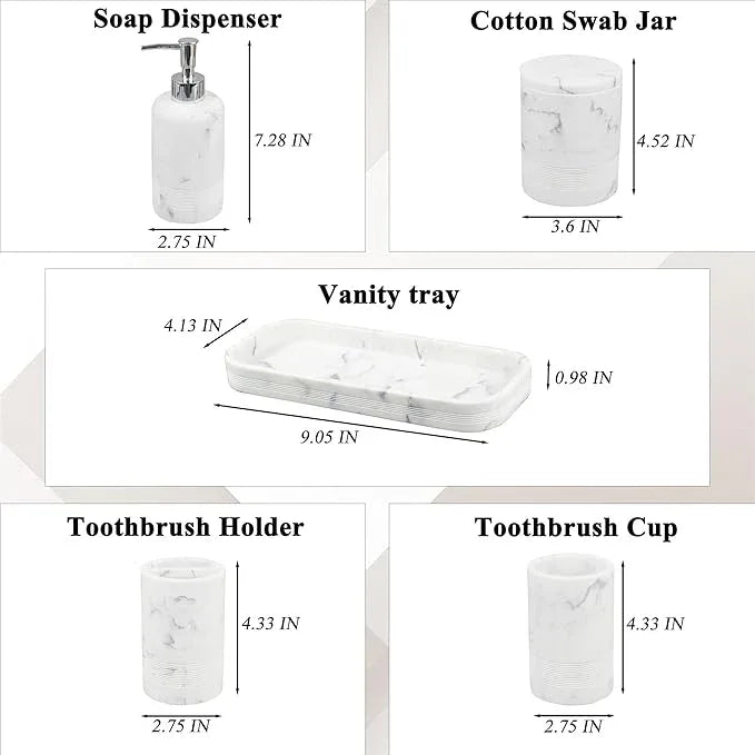 LIN CHUAN 6-Piece Bathroom Accessories Set, Organizer Set with Soap Dispenser, Toothbrush Holder Set, Vanity Tray, Tumbler & 2 Cotton Swab Jars – Modern Stylish Bathroom Storage(Marble White) - ModernBath