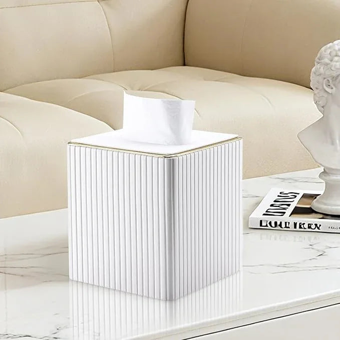 KINGFOM Tissue Box Cover, PU Leather Square Tissue Box Holder for Kleenexs with Magnetic Bottom Cover for Facial Tissues/Napkins, Office & Living Room Decor Box White - ModernBath
