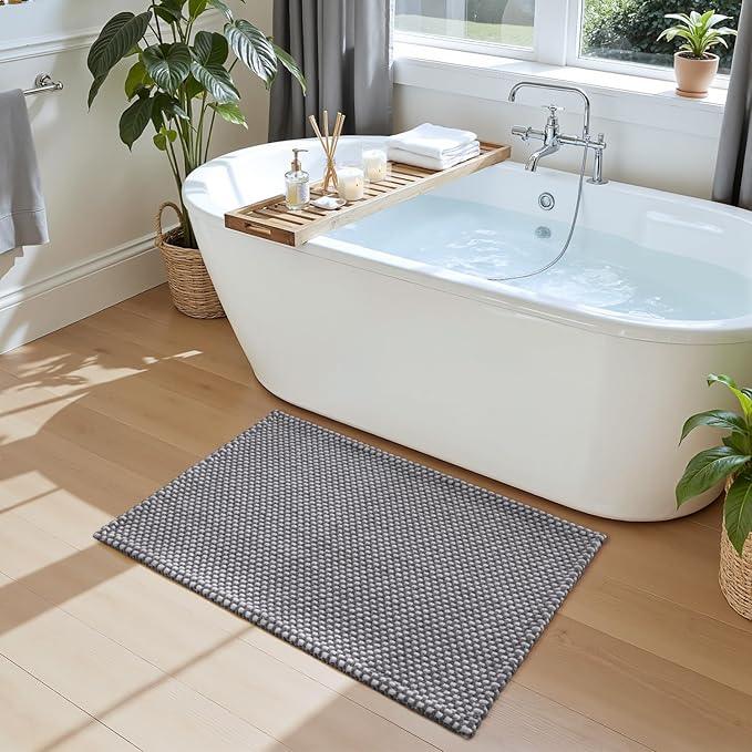 DEXI Bathroom Rugs 16x24, Non Slip Washable Bath Mat, Absorbent Chenille Bathmat, Ultra Soft Thick Carpet for Tub Shower Floor, Grey and White - ModernBath