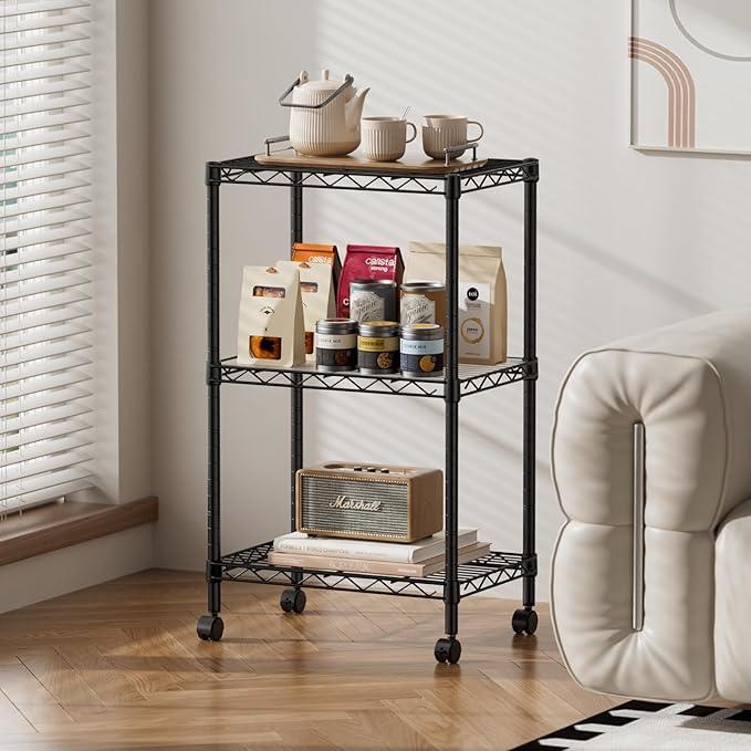 SINGAYE 3 Small Shelves Storage Shelf Wire Shelving Unit Metal Shelf Adjustable Organizers Storage Shelving with Wheels for Bathroom Laundry Room Kitchen Pantry11.5”D x 17.3”W x 30”H Black - ModernBath