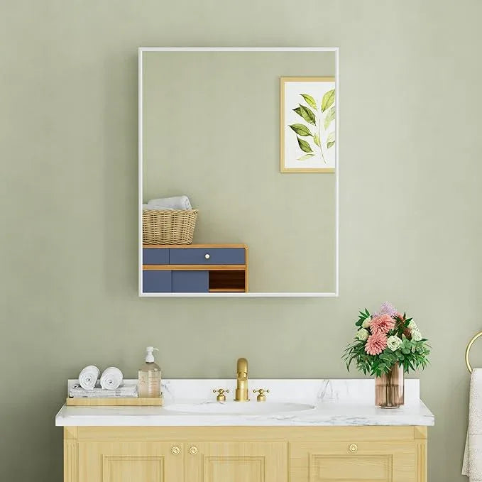 Buruis 24" x 30" Framed Medicine Cabinet with Mirror, Recessed or Wall Mounted Bathroom Cabinet, Adjustable Tempered Glass Shelves, Left/Right Open Reversible, No Assembly Required, White - ModernBath