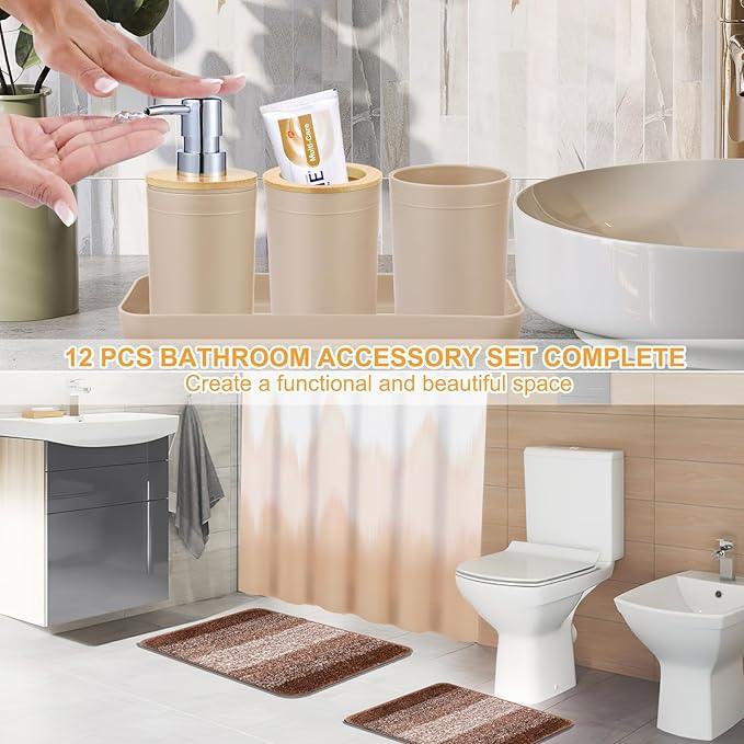 iMucci Bathroom Accessories Beige Bathroom Sets with Shower Curtain and Rug, Beige Ombre Waterproof Shower Curtain with Ultra Absorbent Rug Bathroom Accessories Set for Home Decor - ModernBath