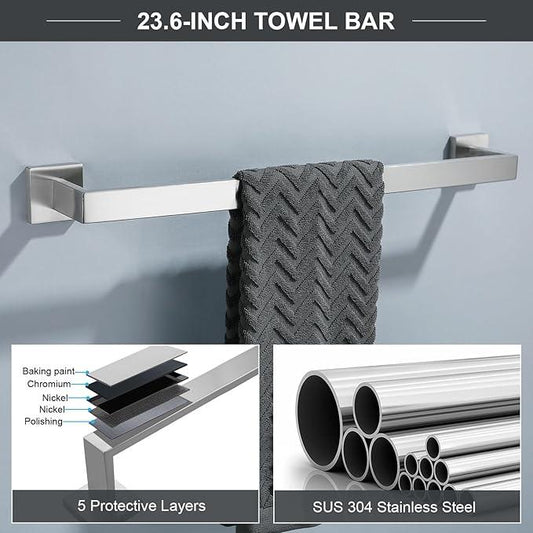 TQKAG 6-Piece Bathroom Towel Bar Sets Brushed Nickel 23.6 inch Towel Bar Stainless Steel Towel Ring Coat Hook and Toilet Paper Holder Bathroom Hardware Set Wall Mounted Bathroom Accessories Kit - ModernBath