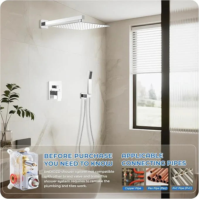 RNDIOZD Chrome Shower Faucet Set, 10 inch Rain Shower System with Pressure Balance Valve, Wall Mounted 2-Functions Bathroom Shower Systems with Rain Shower and Handheld Spray Shower Trim Included - ModernBath