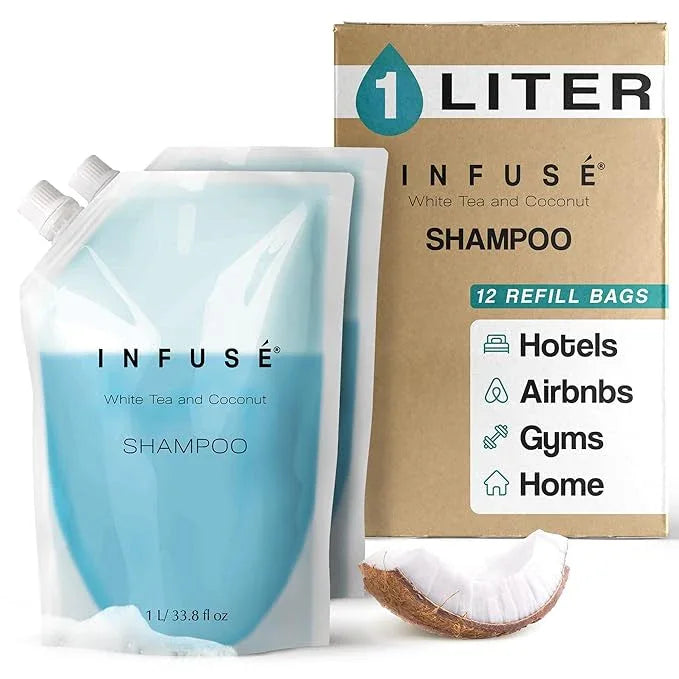 INFUSÉ 1 Liter Shampoo Refill Bag For Soap Dispensers | Bulk Toiletries for Vacation Rentals, and Home Bathroom Showers | White Tea and Coconut | Set of 12 - ModernBath