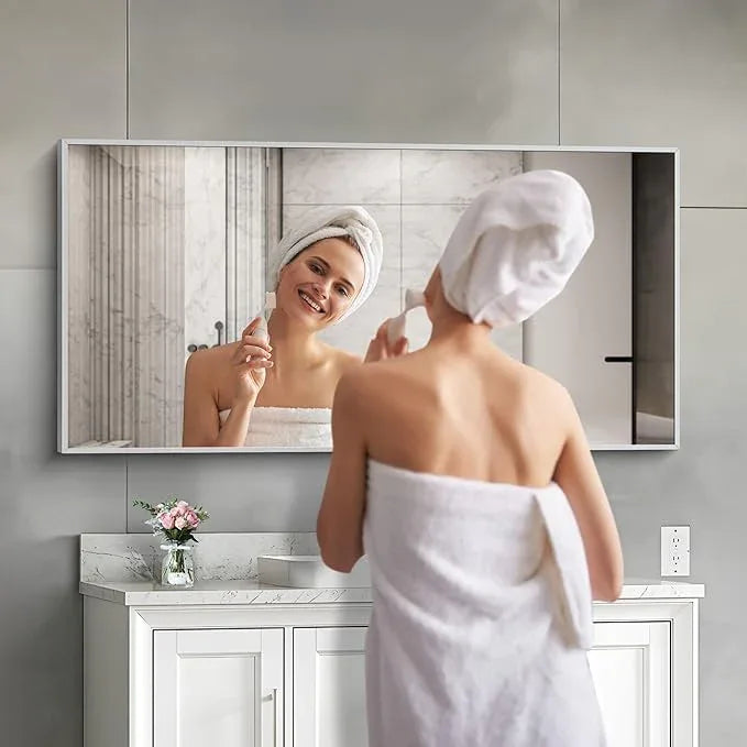 COFENY 48x24In Silver Bathroom Mirror for Wall, Brushed Nickel Rectangle Mirrors with Metal Frame, Bathroom Rectangular Mirror Modern Wall Mirror for Bedroom Living Room, Hangs Horizontal or Vertical - ModernBath
