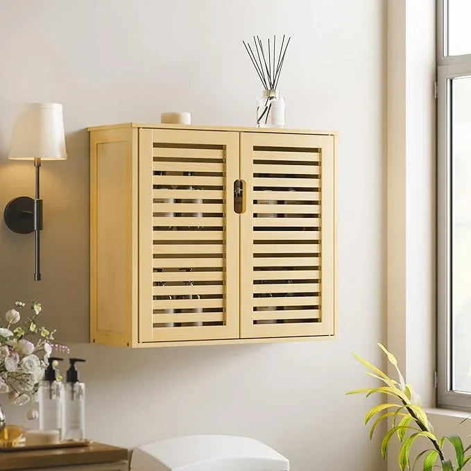 HITNET Bathroom Wall Cabinet, Medicine Cabinet Over The Toilet, Bamboo Hanging Storage Organizer with 2 Doors and Adjustable Shelf for Kitchen, Living Room, Natural - ModernBath