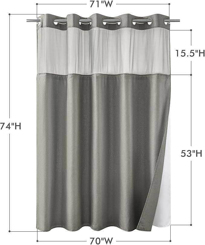 Mrs Awesome No Hook Shower Curtain with Snap-in LinerLess Time On/Off, Embossed Waffle-Look Textured Fabric Shower Curtain for Bathroom, Soft & Lightweight, 71x74, Gray - ModernBath