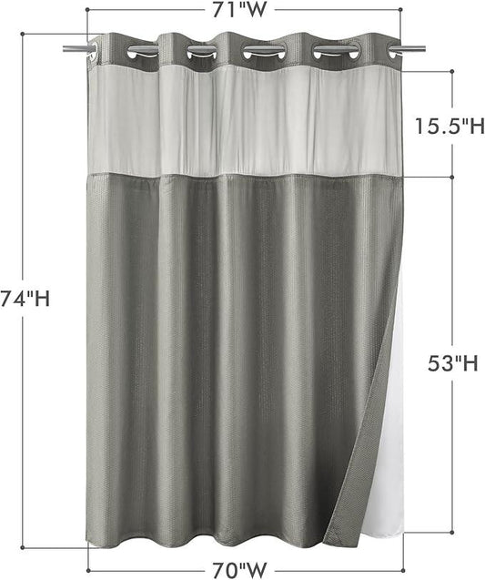 Mrs Awesome No Hook Shower Curtain with Snap-in LinerLess Time On/Off, Embossed Waffle-Look Textured Fabric Shower Curtain for Bathroom, Soft & Lightweight, 71x74, Gray - ModernBath