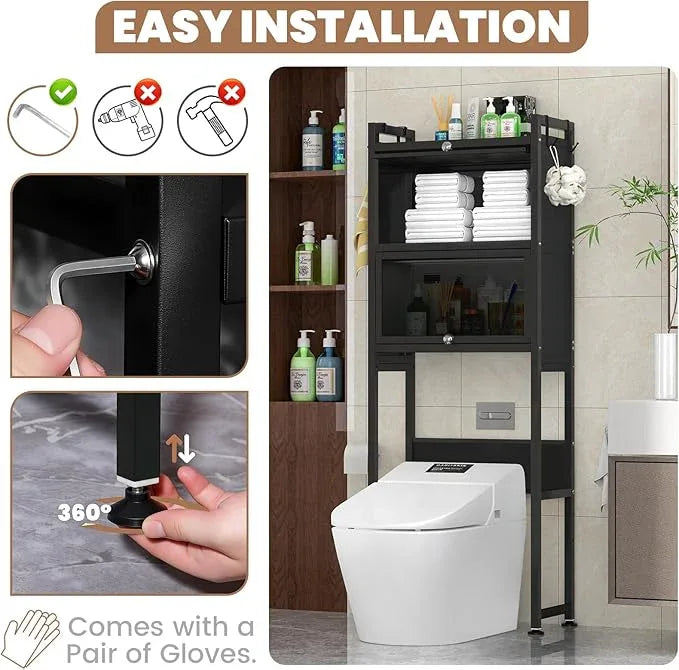 ZZL Over The Toilet Storage Cabinet,3-Tier,Bathroom Toilet Organizer,Waterproof, Cabinet Door Design,Freestanding Space Saver with 4 Hooks for Bathroom,Black - ModernBath