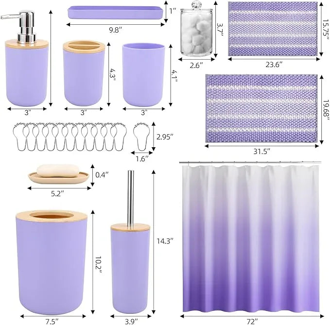 SLDIYWOW Purple Bathroom Accessories Set with Ombre Shower Curtain and No-Slip Bath Rugs,24PC Bath Sets with Trash Can, Toothbrush Holder, Cup, Soap Dispenser, Tray, Soap Dish,Toilet Brush,Qtip Holder - ModernBath
