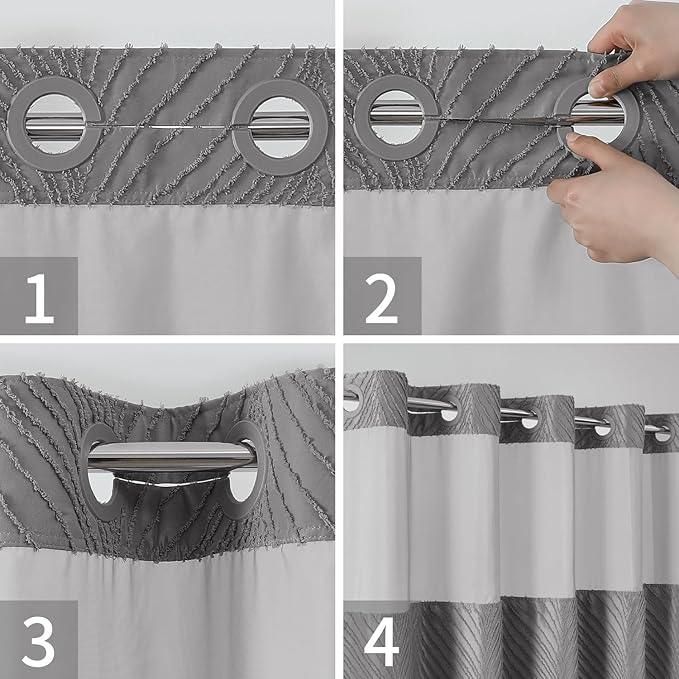 eachope no Hook Shower Curtain and Liner Set，Boho Style with See Through Top Window, Grey Fabric Tufted Striped Textured Outer Curtain & Waterproof Inner Liner, Grey/Gray, 71Wx77H - ModernBath