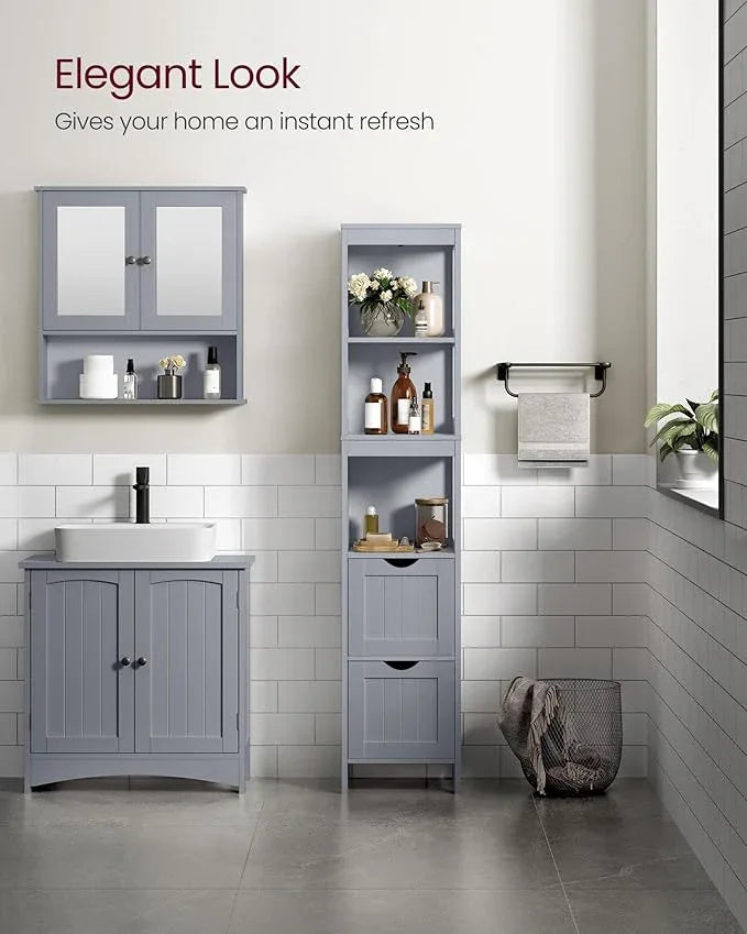 VASAGLE Storage Cabinet, Storage Organizer Rack Stand for Bathroom, Living Room, Bedroom, Multifunctional Corner Unit, 2 Drawers, 55.7 Inches in Height, Dove Gray UBBC066G02 - ModernBath