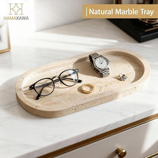 HAMAKAWA Bathroom Vanity Tray, Natural Marble Oval Sink Tray 10 inch, Beige Travertine Vanity Tray for Soap Dispenser Modern Countertop Organizer for Kitchen Countertops, Home Decor - ModernBath