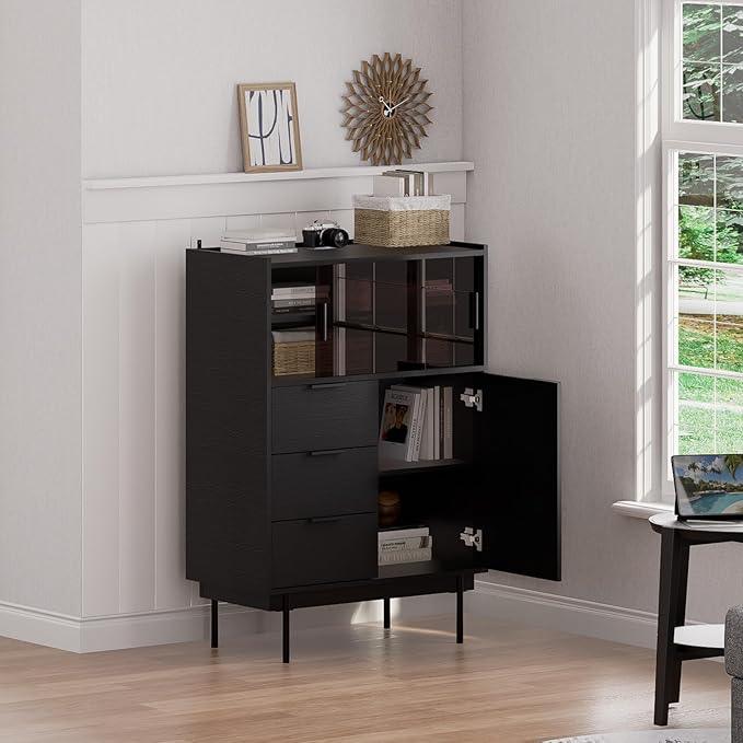 MEISSALIVVE Sideboard Cabinet, 31.5" x 45" Buffet Cabinet with Storage, Black Sideboard with 2 Sliding Doors & 3 Drawers, Coffee Bar Modern Entryway Storage for Living Room, Bedroom, Kitchen - ModernBath