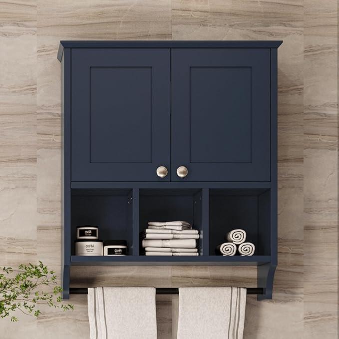 Bathroom Wall Cabinet, Wall Mounted with Towel Bar & 6 Shelves - Over Toilet Storage Organizer, 2-Door Medicine Cabinet, Adjustable Bathroom Shelves(Blue) - ModernBath