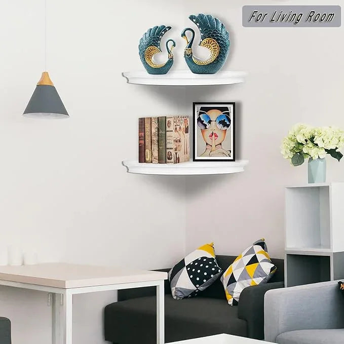 HAO Floating Corner Shelf Invisible Wall Mounted Shelves Radial Shape Cable Wire Hole Pattern Perfect for Bedroom Bathroom Living Room Kitchen Set of 2 White - ModernBath