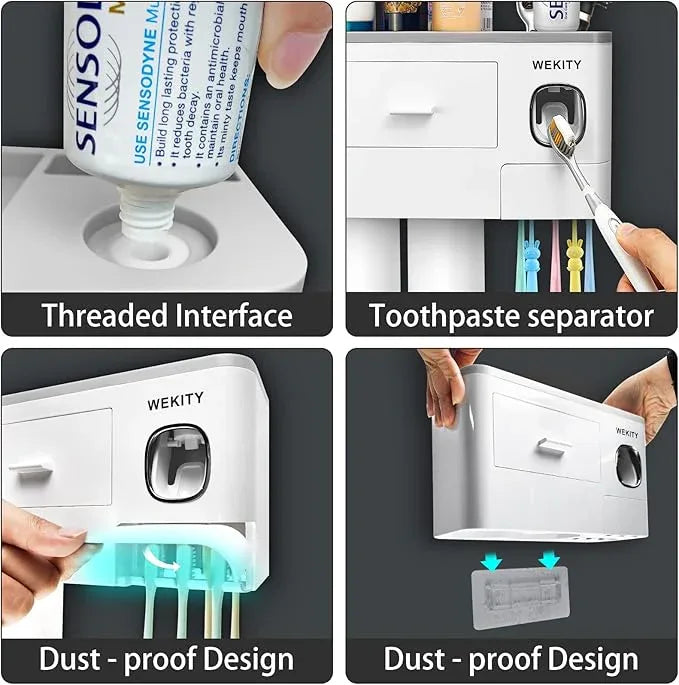 Wekity Multifunctional Wall-Mounted Toothbrush Holder, Automatic Toothpaste Dispenser Space Saving Toothbrush and Toothpaste Holder, with 2 Cups and Drawers Cosmetic Organizer(Grey) - ModernBath