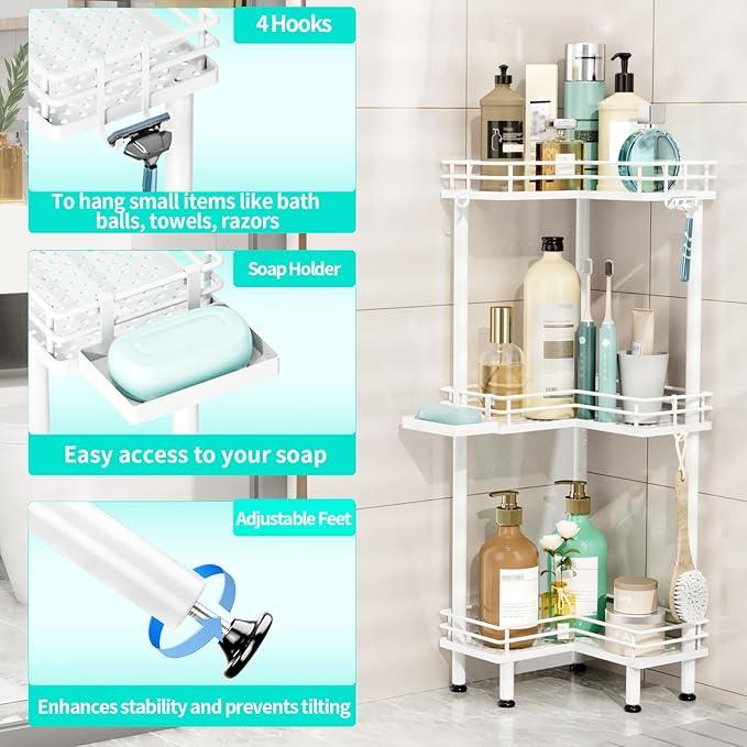 HapiRm Corner Shower Caddy Standing - 3 Tier Shower Organizer Corner with Soap Holder, Rustproof Bathroom Standing Organizer with 4 Hooks, White - ModernBath