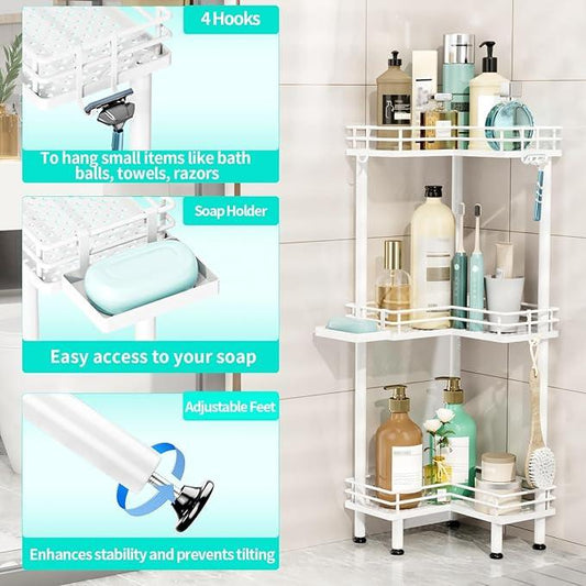 HapiRm Corner Shower Caddy Standing - 3 Tier Shower Organizer Corner with Soap Holder, Rustproof Bathroom Standing Organizer with 4 Hooks, White - ModernBath