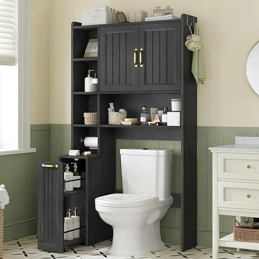 Over The Toilet Storage Cabinet with Pulley, Bathroom Cabinet, Space Saver W/Adjustable Shelf Rack for Bathroom, Restroom, Laundry (Black-Type A) - ModernBath