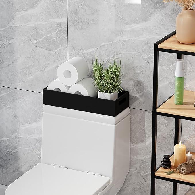 VITVITI Bamboo Toilet Paper Holder Storage, Bamboo Tray for Bathroom with Handle, Toilet Tissue Holder Organizer Basket Container for Toilet Tank/Kitchen Counter, Natural, Black - ModernBath
