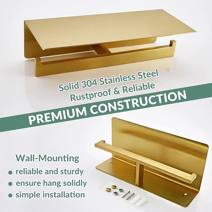 APLusee Brushed Gold Double Toilet Paper Holder with Shelf, Heavy Duty 304 Stainless Steel Tissue Holder for Bathroom with Storage, Commercial Paper Roll Dispenser Wall Mounted - ModernBath