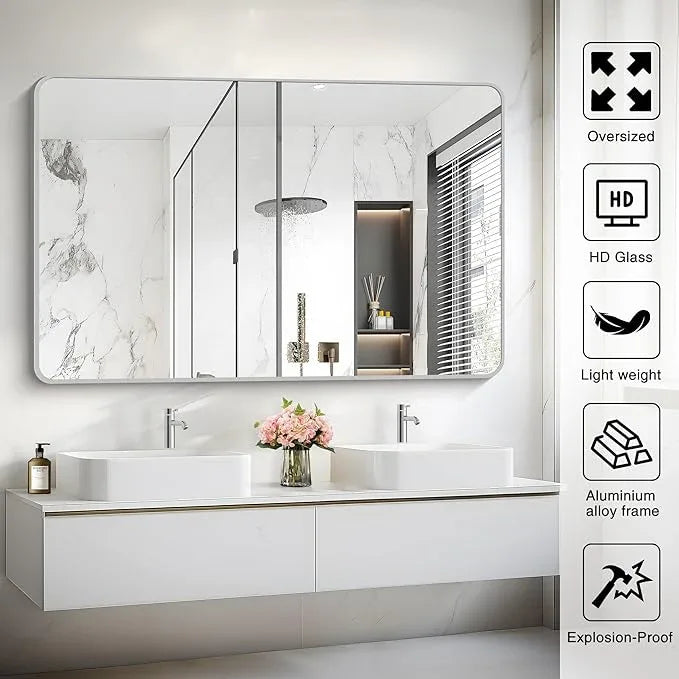 CIVENO 55x36 Inch Silver Bathroom Mirror, Large Rectangular Vanity Mirror, Metal Framed Rectangle Mirror, Rounded Corner Wall Mounted Mirrors for Living Room Bedroom Entryway Horizontal or Vertical - ModernBath