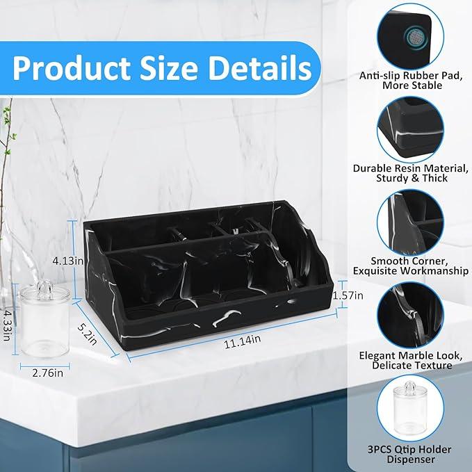 Marble Bathroom Countertop Organizer, Black Toothbrush Holders for Bathrooms Counter Organizer with 3PCS Qtip Dispenser, Toothbrush and Toothpaste Holder for Bathroom Organization Vanity Storage - ModernBath