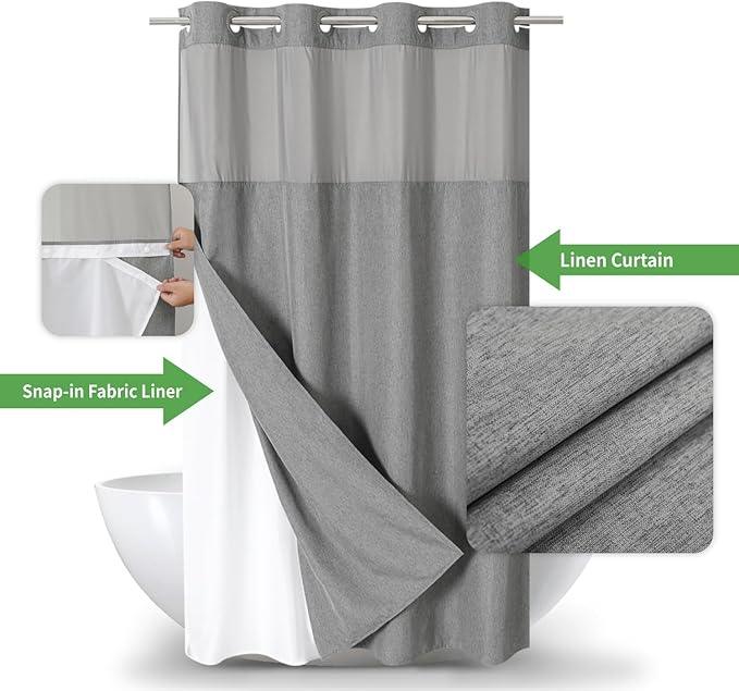 eachope Stall No Hooks Needed Linen Textured Shower Curtain with Snap-in Fabric Liner Set,Hotel Luxury Decor Shower Curtains for Bathroom,Waterproof & Washable,60Wx74H,Grey/Gray - ModernBath