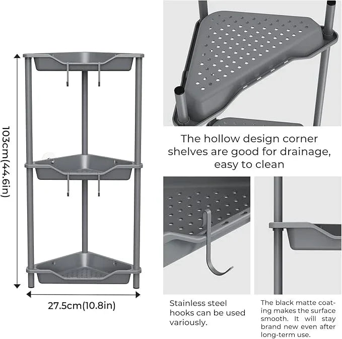 ODesign 3 Tier Floor Standing Corner Shower Caddy Organizer Plastic Metal Splicing Shelf Storage Rack for Bathroom - ModernBath