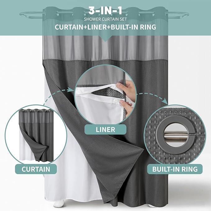 eachope Charcoal Grey No Hook Waffle Weave Shower Curtain with snap-in Liner Replacement, 230GSM Waterproof Fabric Hotel Shower Curtain Set for Bathroom, Through Mesh Top Window,71Wx74H - ModernBath