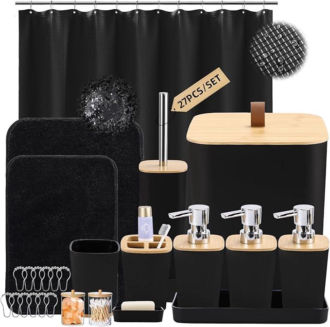 XLHOMO Bathroom Sets with Shower Curtain and Rugs, 27PCS Black Bathroom Accessories Set with Trash Can, Black Shower Curtain Set, No Slip Super Absorbent Bathroom Rugs - ModernBath