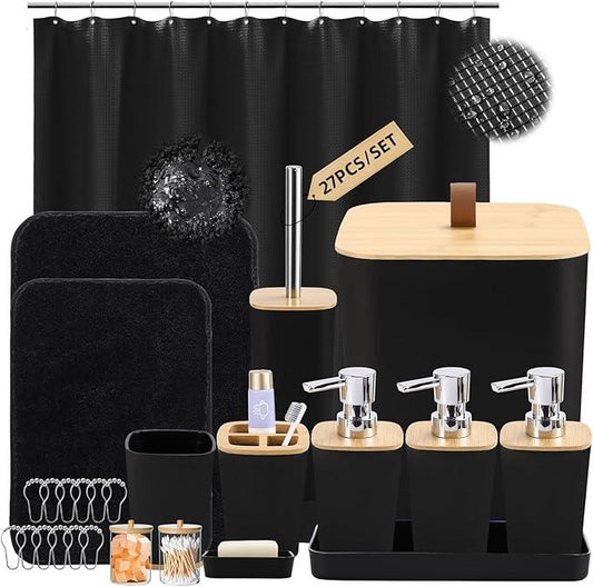 XLHOMO Bathroom Sets with Shower Curtain and Rugs, 27PCS Black Bathroom Accessories Set with Trash Can, Black Shower Curtain Set, No Slip Super Absorbent Bathroom Rugs - ModernBath