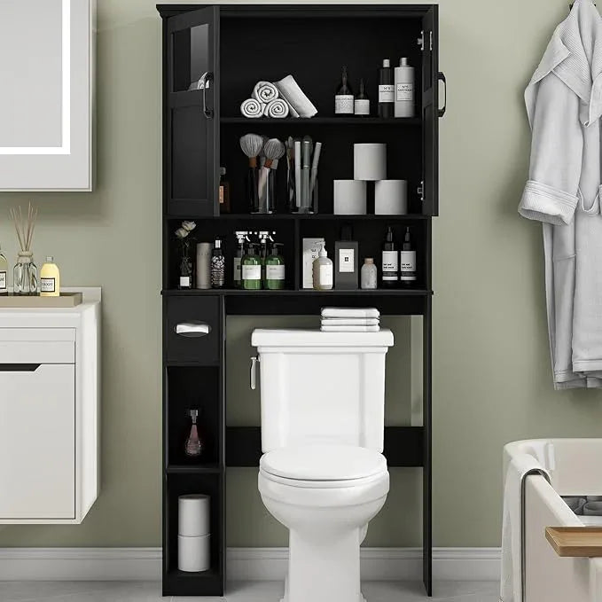 Vabches Over The Toilet Storage Cabinet, Storage Cabinet Over Toilet with Double Doors & Toilet Paper Holder Stand, Freestanding Toilet Shelf Space Saver with Anti-Tip Design & Adjustable Shelf, Black - ModernBath