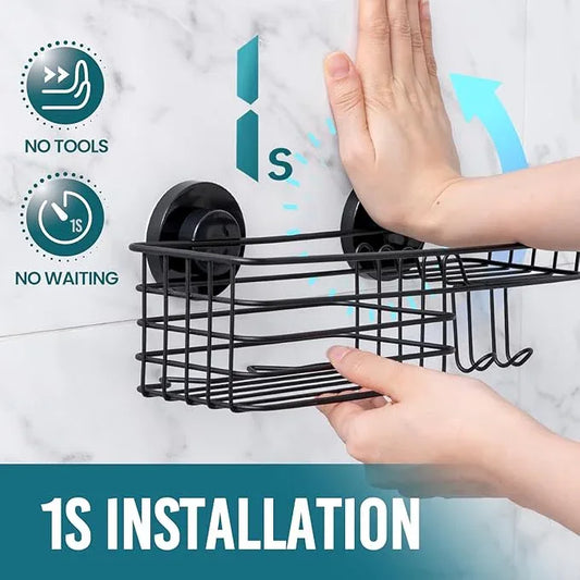 TAILI Shower Caddy Suction Cup with Hooks and Soap holder, Heavy Duty Bathroom Shower Organizer, No Drilling Bathroom Holder with Large Capacity, Metal Black Storage Basket - ModernBath