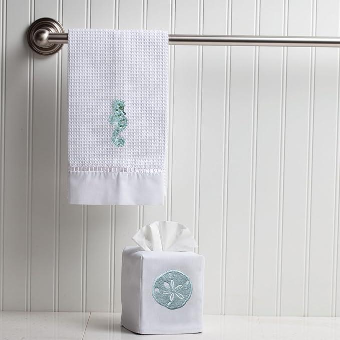 Jacaranda Living Square Tissue Box Cover, Linen/Cotton Fabric Tissue Holder, Decorative Cloth Tissue Cube Cover, Coastal Designs Sand Dollar (Aqua) - ModernBath