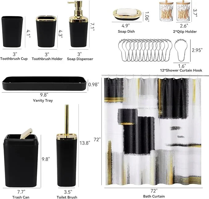 XLHOMO Black and Gold Bathroom Accessories Set, Bathroom Sets with Shower Curtain, Black Bathroom Accessories with Trash Can, Soap Dispenser, Soap Dish, Toilet Brush Holder, Qtip Holders for Bathroom - ModernBath